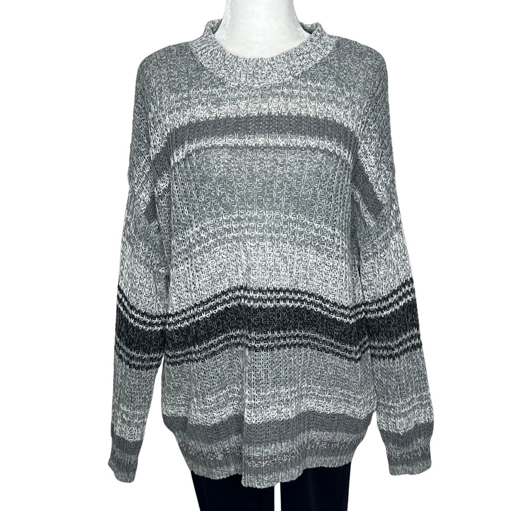 AEO Sweater Oversized Striped Crew Neck Loose Weave Knit Gray White Medium M